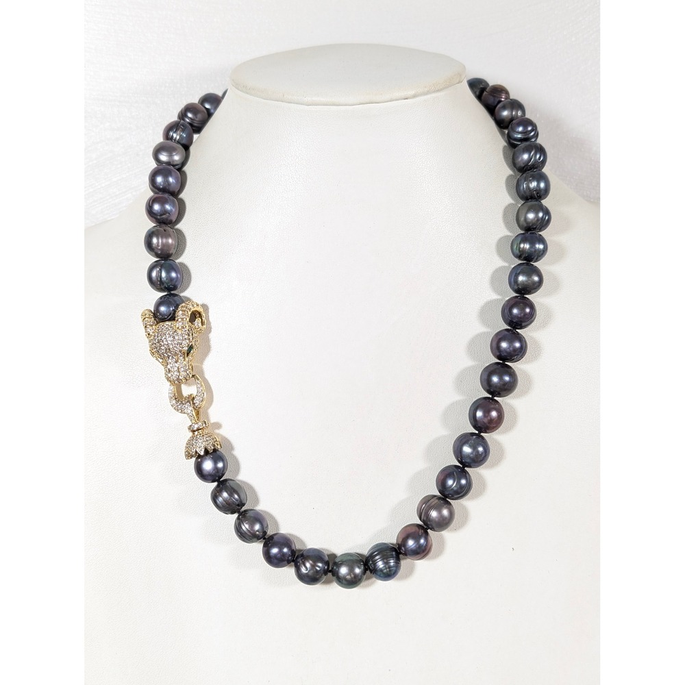 Gray Baroque Faux Pearl Panther Leopard Head Necklace 22" Pave Rhinestone